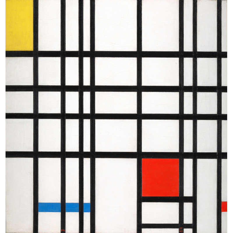 Composition avec rouge, jaune et bleu, H 21 po x l 20 po