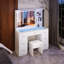 Ensemble de meuble-lavabo avec grand miroir lumineux à DEL, table de maquillage à 7 tiroirs, bureau de meuble-lavabo en verre avec armoire (plateau en verre)