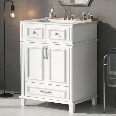 Meuble-lavabo de 24 po avec lavabo en céramique, structure en bois massif, portes à fermeture douce et design rétro pour un rangement élégant