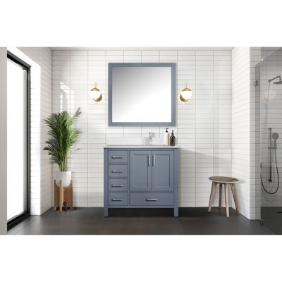Meuble-lavabo gris foncé de 36 po Large, avec comptoir en quartz blanc, robinet inclus et tiroirs à fermeture en douceur avec comptoir, robinet, plusieurs espaces de rangement