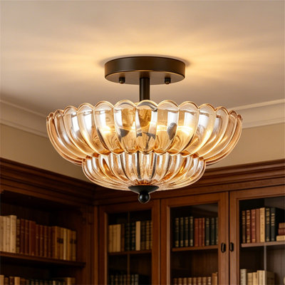 11.81" Modern Glam Matte Black 3-Light Amber Floral Glass Semi Flush Mount Ceiling Light