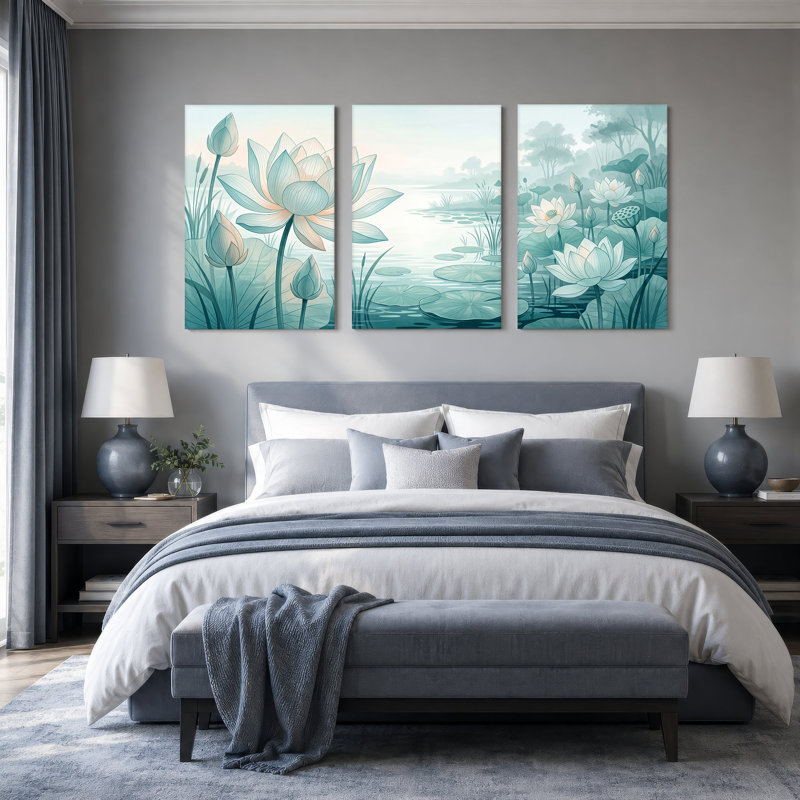 Ensemble de 3 toiles de lotus blanches et nénuphars dans un étang bleu brumeux, H 36 po x l 24 po x 3 pièces