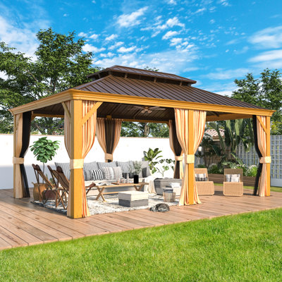 12' W x 18' D Outdoor Hardtop Gazebo with Aluminum Frame & Double Galvanized Steel Roof, Heavy Duty Permanent Pavilion with Netting & Curtains for Patio, Lawn, Deck