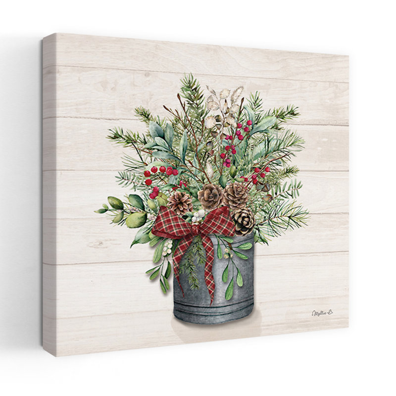 Seau de Noël verdoyant, art contemporain de pin, hiver, H 18 po x l 18 po