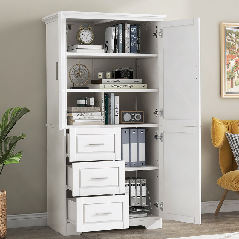 Armoire de rangement avec portes et trois tiroirs pour la salle de bain, Blanc