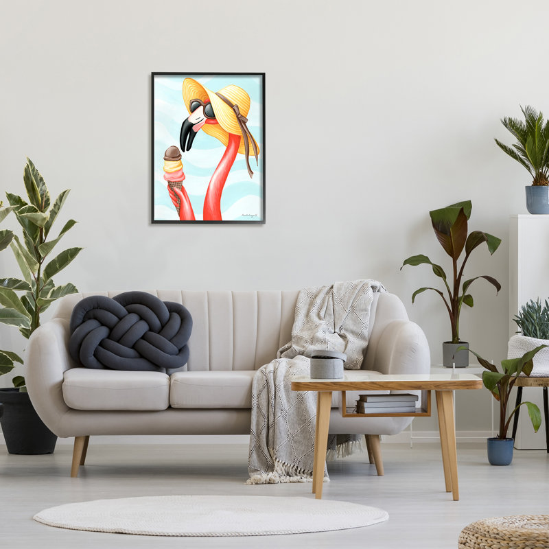 «Summertime Flamingo Sun Hat Enjoying Ice Cream Cone», art texturé par Amelie Legault, Giclée encadrée noir minuit