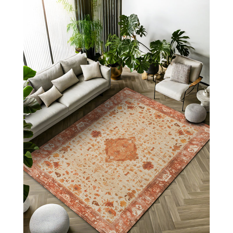 Nomadia Collection Digital Print Cotton-Polyester Orange Beige Moroccan Rug, Runner 3'4" x 9'11"