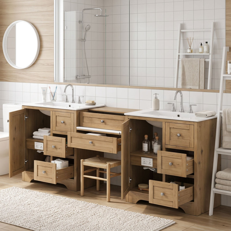 Meuble-lavabo double avec lavabo, tiroirs à fermeture en douceur et boutons argentés, Bois
