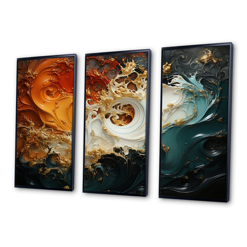 White Blue And Orange Ink Storm I - Abstract Wall Art, 28" H x 36" W x 1" D, Black Floater Framed