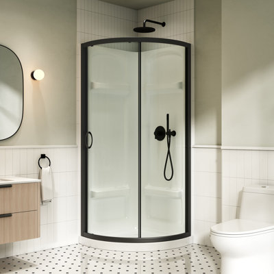 Breeze 33 in. L x 33 in. W x 77 in. H Round Corner Shower Kit in Matte Black, Clear Sliding Door, Walls, and Pan