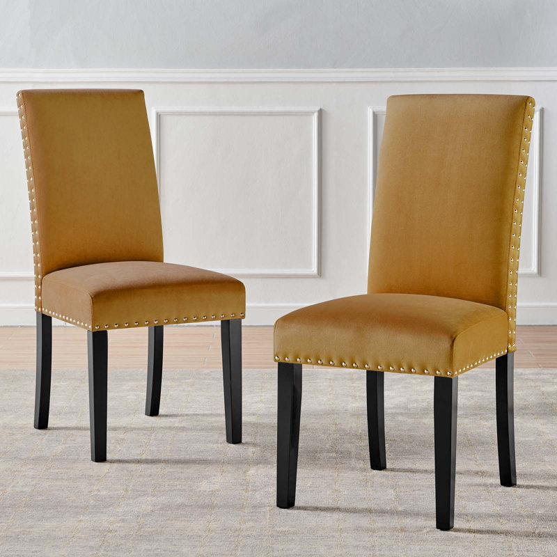 Chaises d'appoint de salle à manger à garniture cloutée en velours argenté Orchid Lind par Modway, Cognac