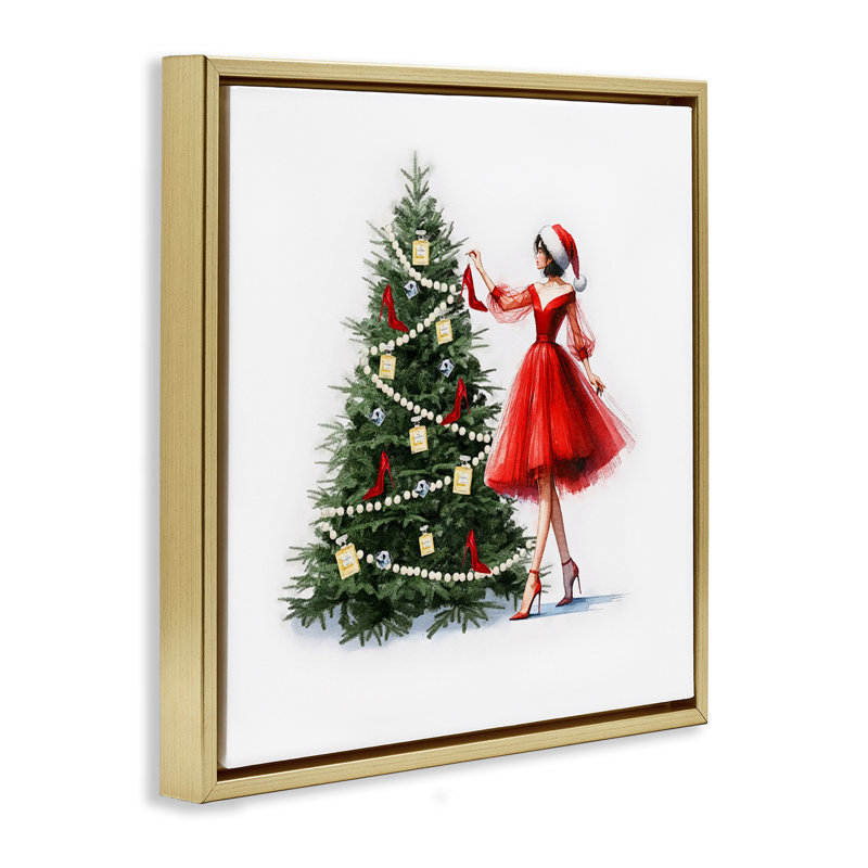 «Holiday Tree Glam Accessoires», art mural sur toile par Amanda Greenwood, Cadre flottant métallique doré, H 18 po x l 18 po