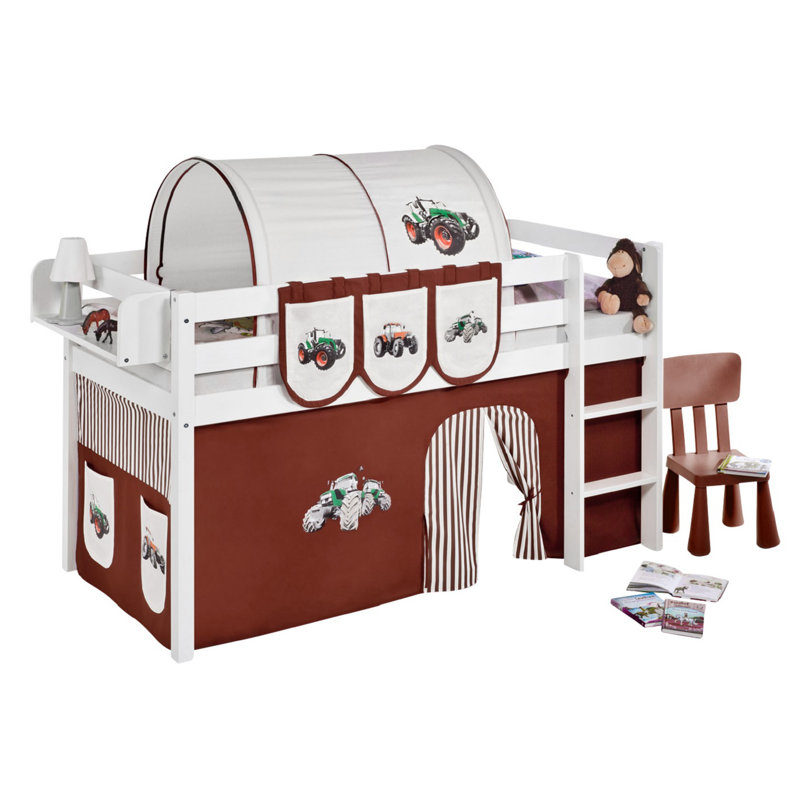 Trecker Mid Sleeper Bed with Curtain, White, Single (3'), Brown and beige