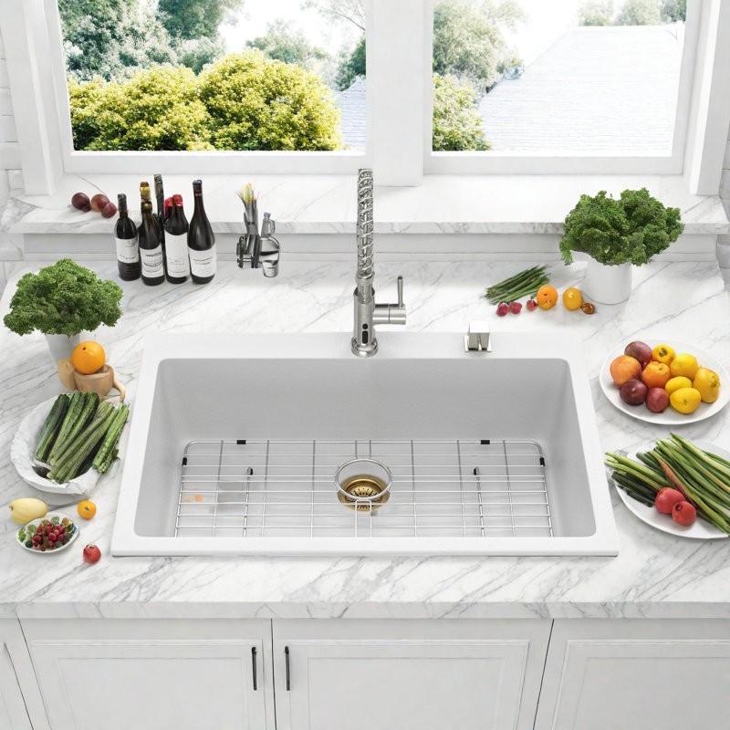 Évier de cuisine en composite blanc à quartz encastré 33 po x 22 po - Grand bol simple, résistant aux taches, quartz durable