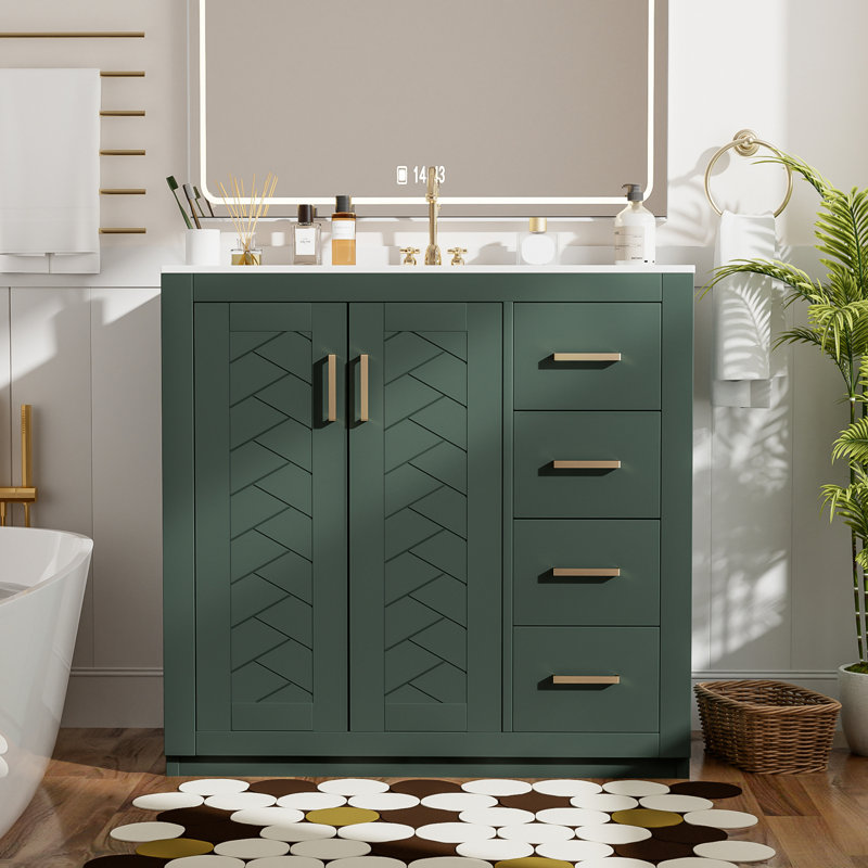 Meuble-lavabo de salle de bain avec lavabo en céramique, Vert