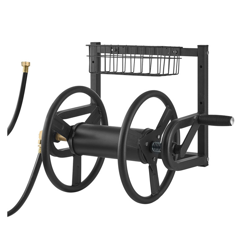 Enrouleur de boyau d'arrosage mural robuste avec panier de rangement - Support en acier d'une capacité de 125 pi avec raccords en laiton