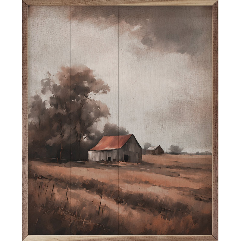 Grange sous la pluie, H 10 po x l 8 po