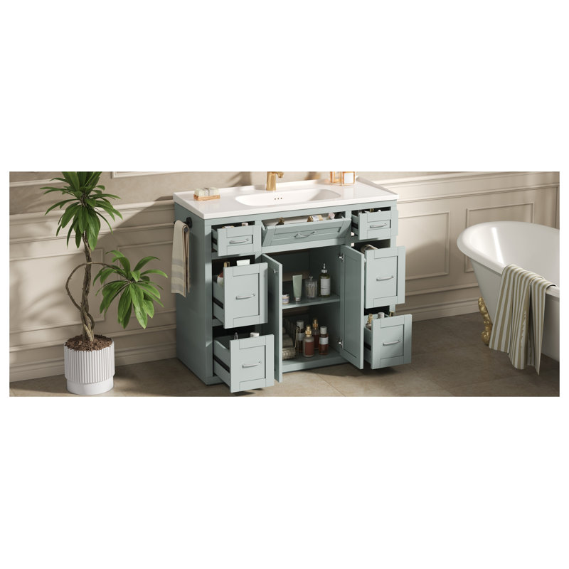 Meuble-lavabo 48 po vert menthe avec lavabo en céramique, 6 tiroirs, portes à fermeture douce, porte-serviettes réversible