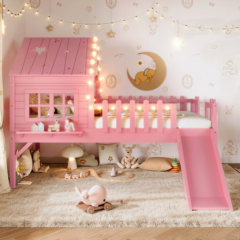 Twin Size House Loft Bed with Slide & Playhouse Design, Star-Moon LED Roof, Window & Safety Rails, No Box Spring Needed,Pink