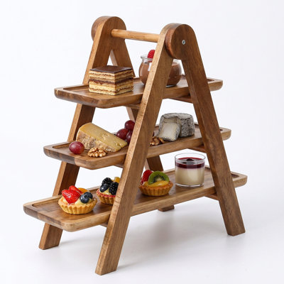 3-Tier Collapsible Wood Tray Stand, Acacia Finish Multi-Level Display Rack with Detachable Trays for Kitchen Counter & Table