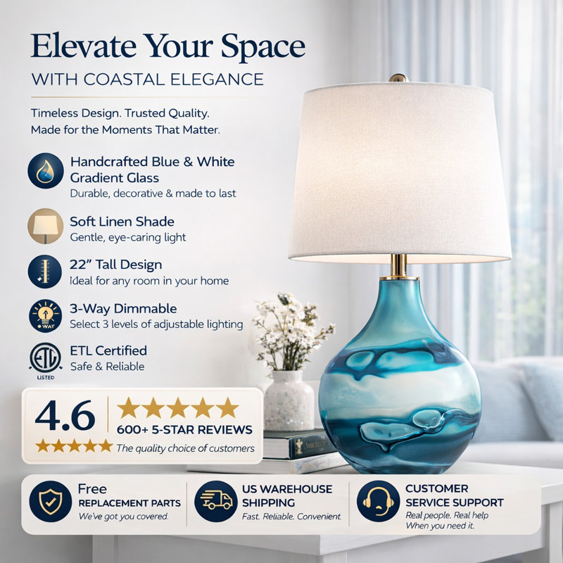 Akash 22" Coastal Modern Art with 3-Way Dimming Glass Table Lamps, Blue