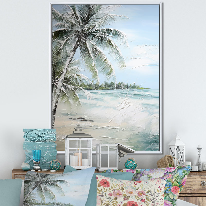 Palmier avec vue sur l'océan et paradis, H 44 po x l 34 po x P 1,5 po, Cadre flottant blanc