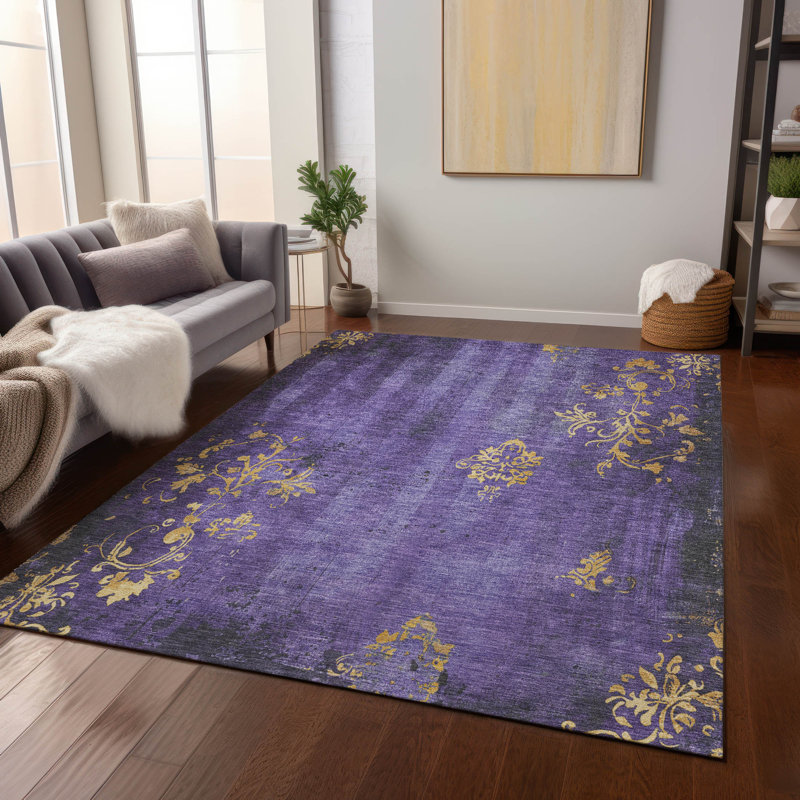 Purple Floral Washable Indoor/Outdoor Rectangular Rug