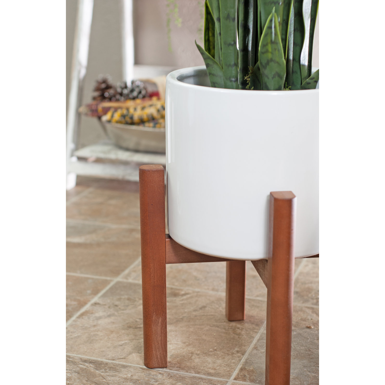 Finnegan 10" Pot Planter, White/Walnut