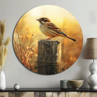 Morning Morning of the Sparrow Bird I - Art mural rond en métal, reproduction d'art moderne en métal jaune