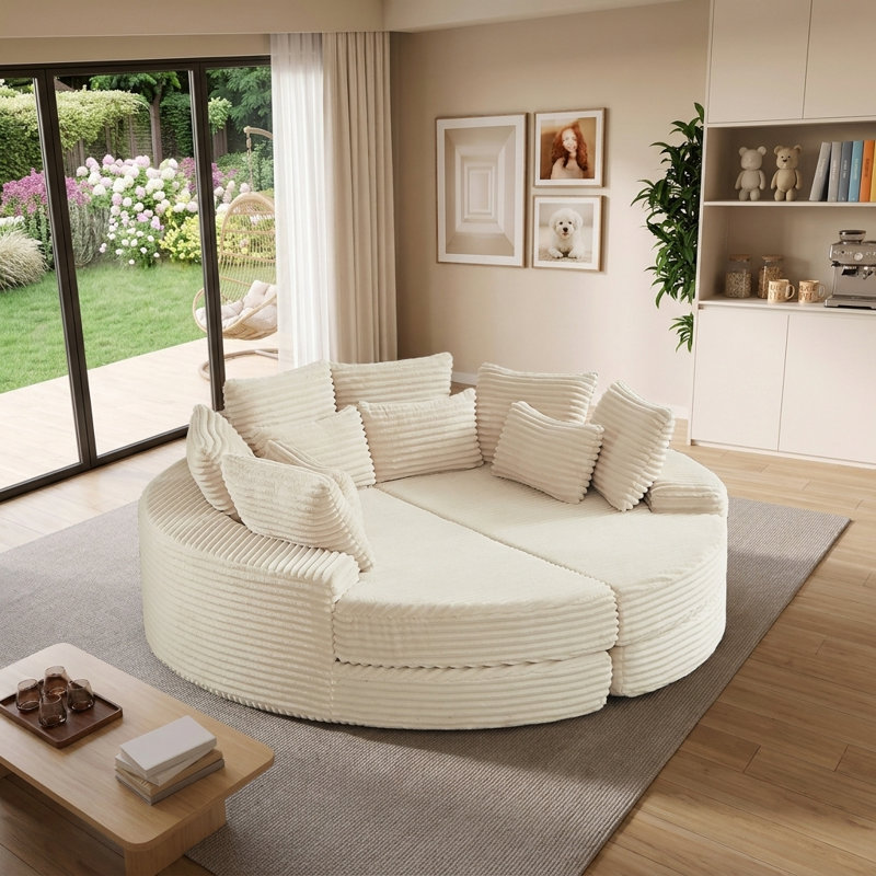 Fauteuil inclinable convertible rond 78,5 po avec coussin pour le cou et canapé-lit 2 en 1, Beige
