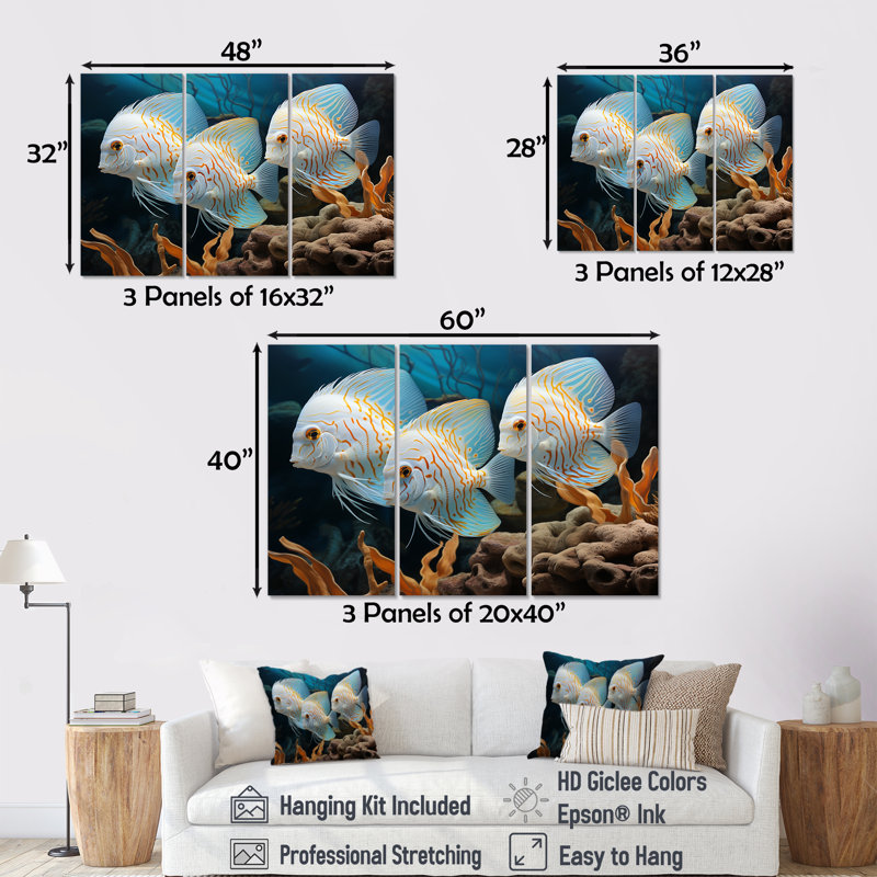 «White and Blue Butterfly Fish Wonderland», art mural poisson papillon, H 28 po x l 36 po