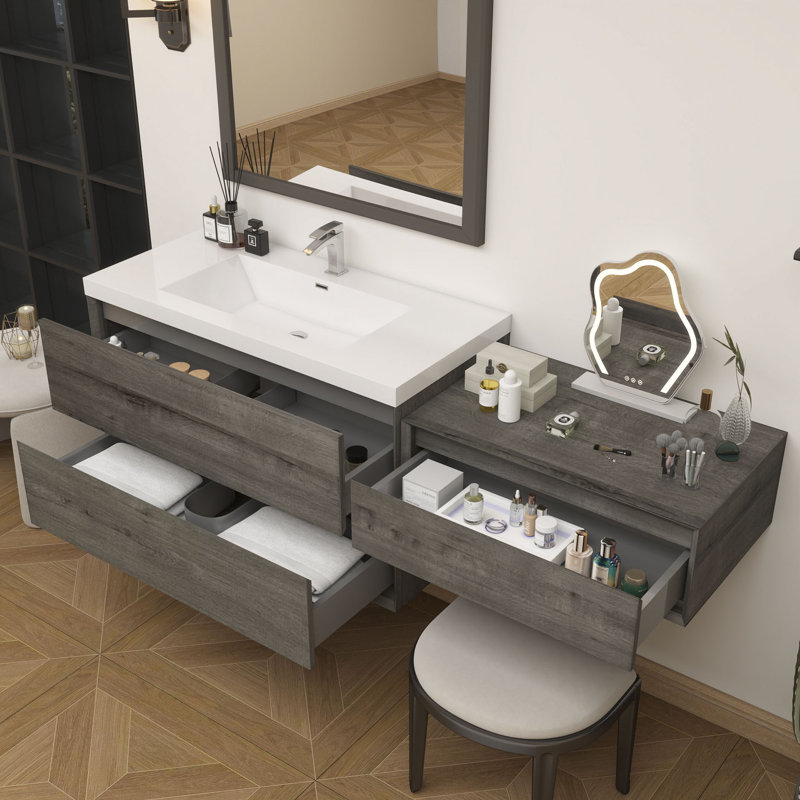 Aliki 60" Wall Mounted Vanity With Reinforced Acrylic Sink, Smoke Oak