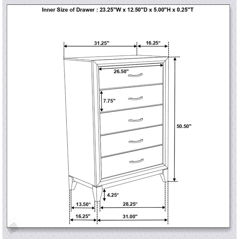 Commode à 5 tiroirs en chêne gris Gregory avec rangement spacieux et design élégant, parfaite pour les intérieurs modernes