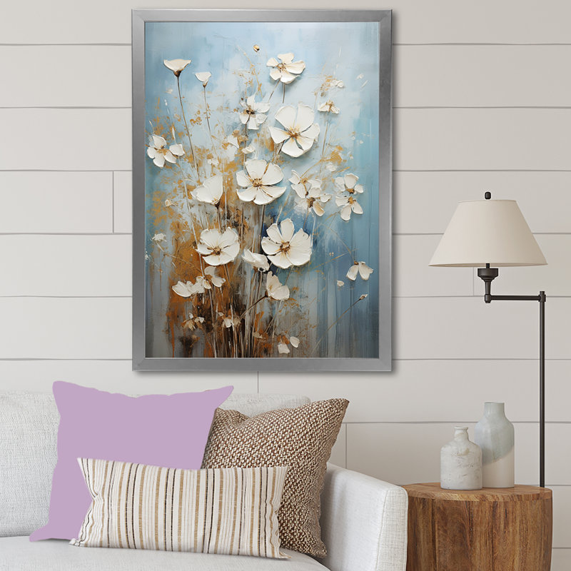 Scérène de fleurs sauvages en fleurs sur toile, Cadre simple argenté, H 44 po x l 34 po x P 1,5 po