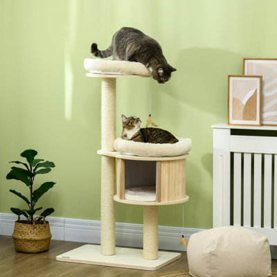 Arbre à chat à 3 niveaux, grattage, coussins moelleux et aires de jeux. Sécuritaire pour les félins légers, arbre amusant, poteaux à griffer, chats stables jusqu'à 9 livres, cadeau