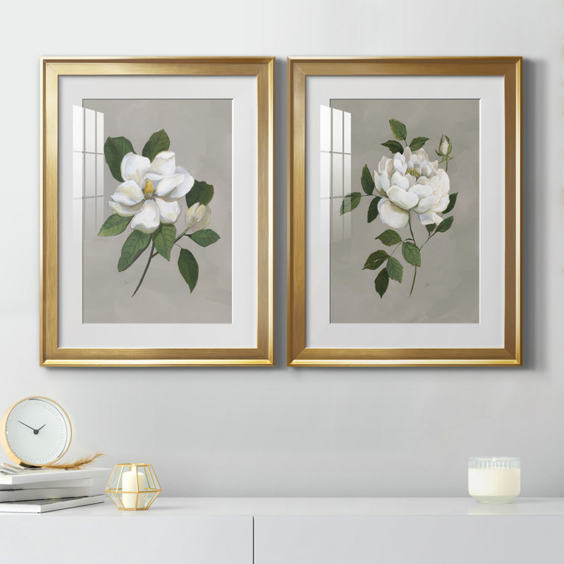 Magnolia botanique - ensemble de 2 reproductions d'art, H 18,5 po x l 49 po x P 1,5 po, Papier encadré doré, Blanc