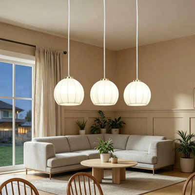 Luminaire suspendu linéaire en laiton 3 lumières 32 pouces, luminaires d'îlot de cuisine avec abat-jour en tissu blanc crème, lustre suspendu pour îlot de cuisine et salle à manger, ampoules E26 non incluses