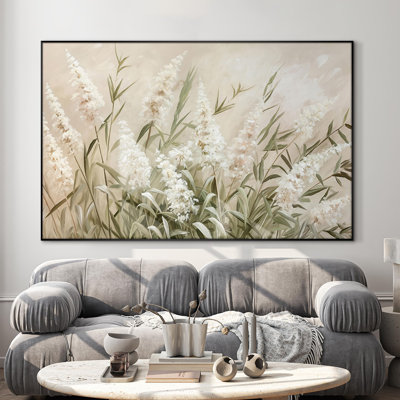 Extra Large Wall Art Fabric Print - Neutral Grass and White Flower Illustrations Artwork Decor for Living Room or Bedroom - "Frame Assembly Required (Unfinished Frame)"