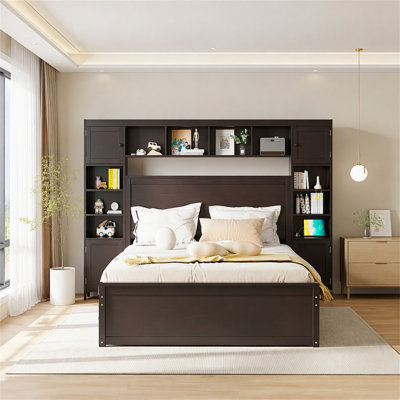Grand lit en bois avec rangement, tablettes, prises de courant et lit gigogne simple TG