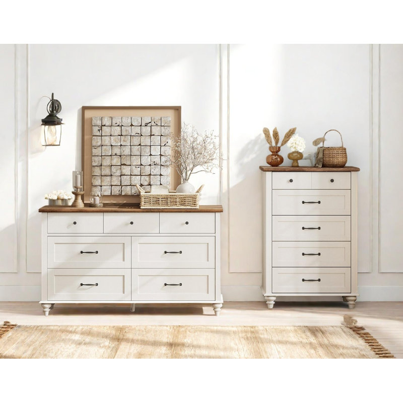 Ensemble de commode 2 pièces - Comprend une commode à 5 tiroirs et une commode à 7 tiroirs, Blanc cassé
