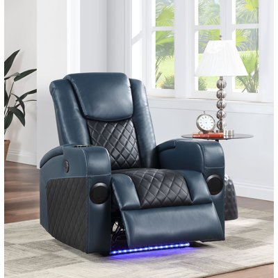 Alair Blue & Black Leather Aire Power Motion Recliner W/Bluetooth, Wireless Charger & Cupholder