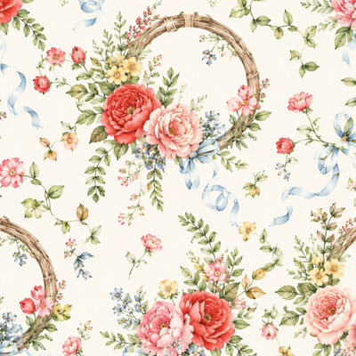 Peel and Stick Wallpaper Vintage Floral Wreaths Blue Ribbons Cream Contact Paper Removable Self Adhesive Wall Mural Wall Decor for Bedroom Kitchen Cabinets 17.7in x 118in