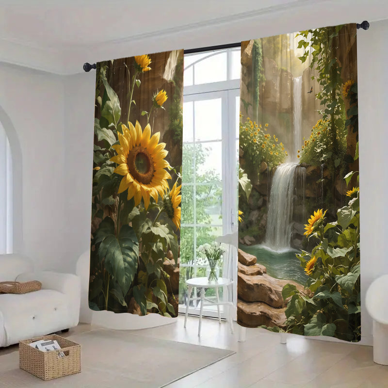 2Pcs Waterfall Sunflower Nature Landscape Curtains Rod Pocket Panel Digital Print Window Drapes for Living Room Bedroom Kitchen Patio Door Home Decor