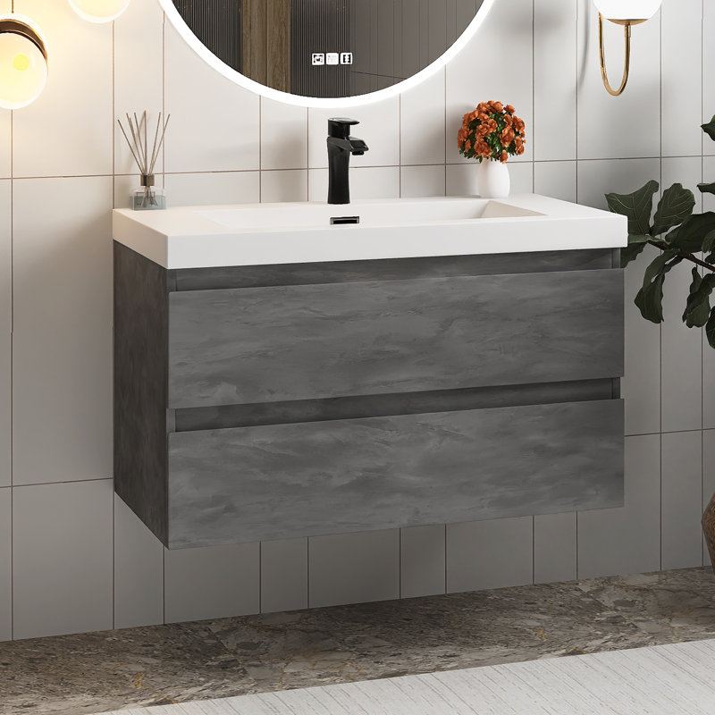 Meuble-lavabo mural simple 36 po avec plateau en résine, Gris Pierre