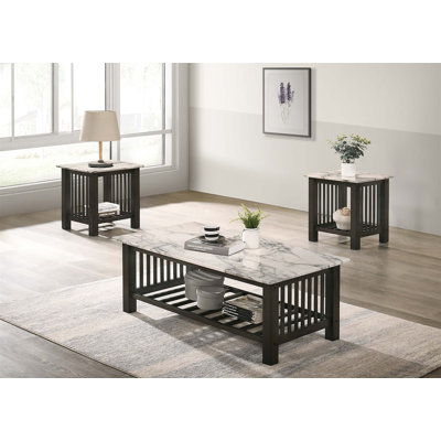 Contemporary 3Pc Occasional Table Set Faux Marble Top Antique Walnut 1X Coffee Table 2X End Tables Open Storage Living Room