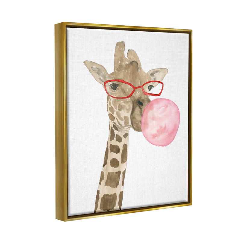 «Fun Giraffe Bubblegum Animal» par Lucille Price - impression, H 31 po x l 25 po x P 1,7 po, Cadre flottant métallique doré
