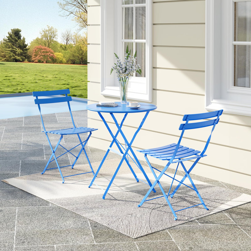 3-Piece Folding Bistro Set, Foldable Patio Furniture Set With Premium Frame, Outdoor Bistro Table And Chairs Set Of 2, Blue