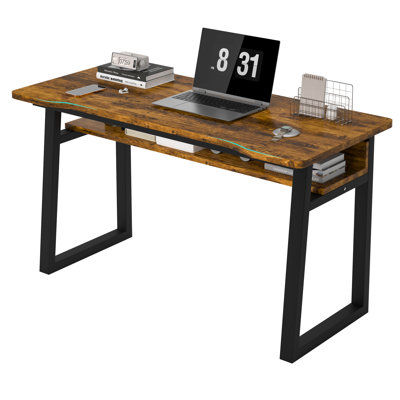 55 Inch Industrial Lorenz with Built‑in Middle Storage Shelf, A‑Shape Open Metal Legs Rustic Writing Workstation, Home Office Laptop Desk for Bedroom