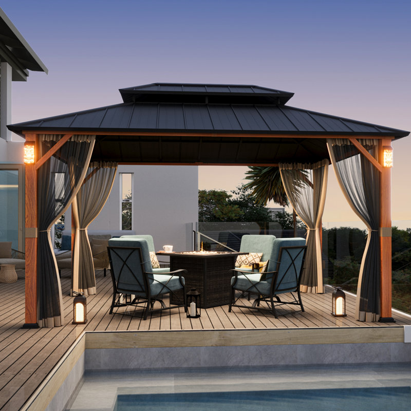Hamilton 10' x 14' Hard Top Gazebo With Solar Self Powered LED Lights, Mosquito Netting And Canopy Hook