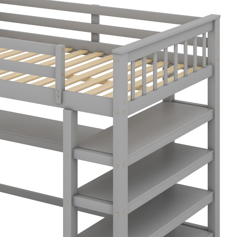 Lit mezzanine avec tablettes de rangement et bureau sous le lit, Gris